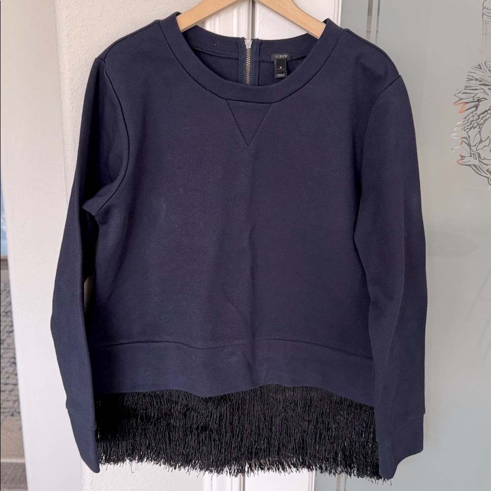 JCrew navy blue crew neck sweatshirt with fringe bottom, Small